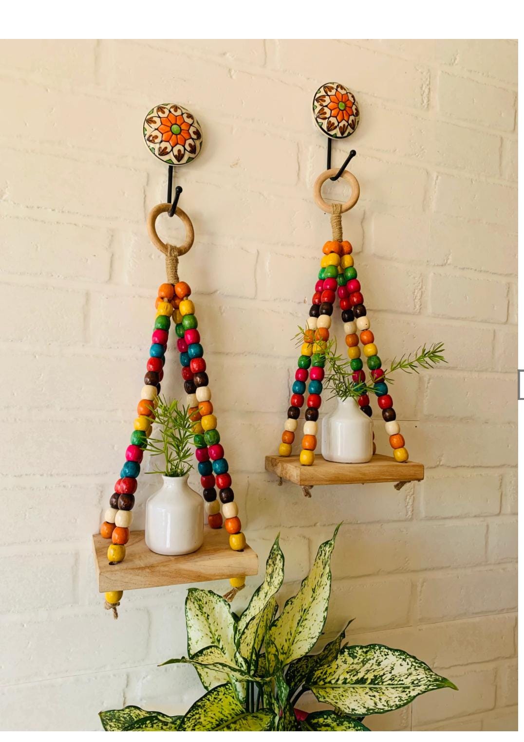Beaded Mini Shelf with Ceramic Hooks & White Bottle - Wall Decor Main image