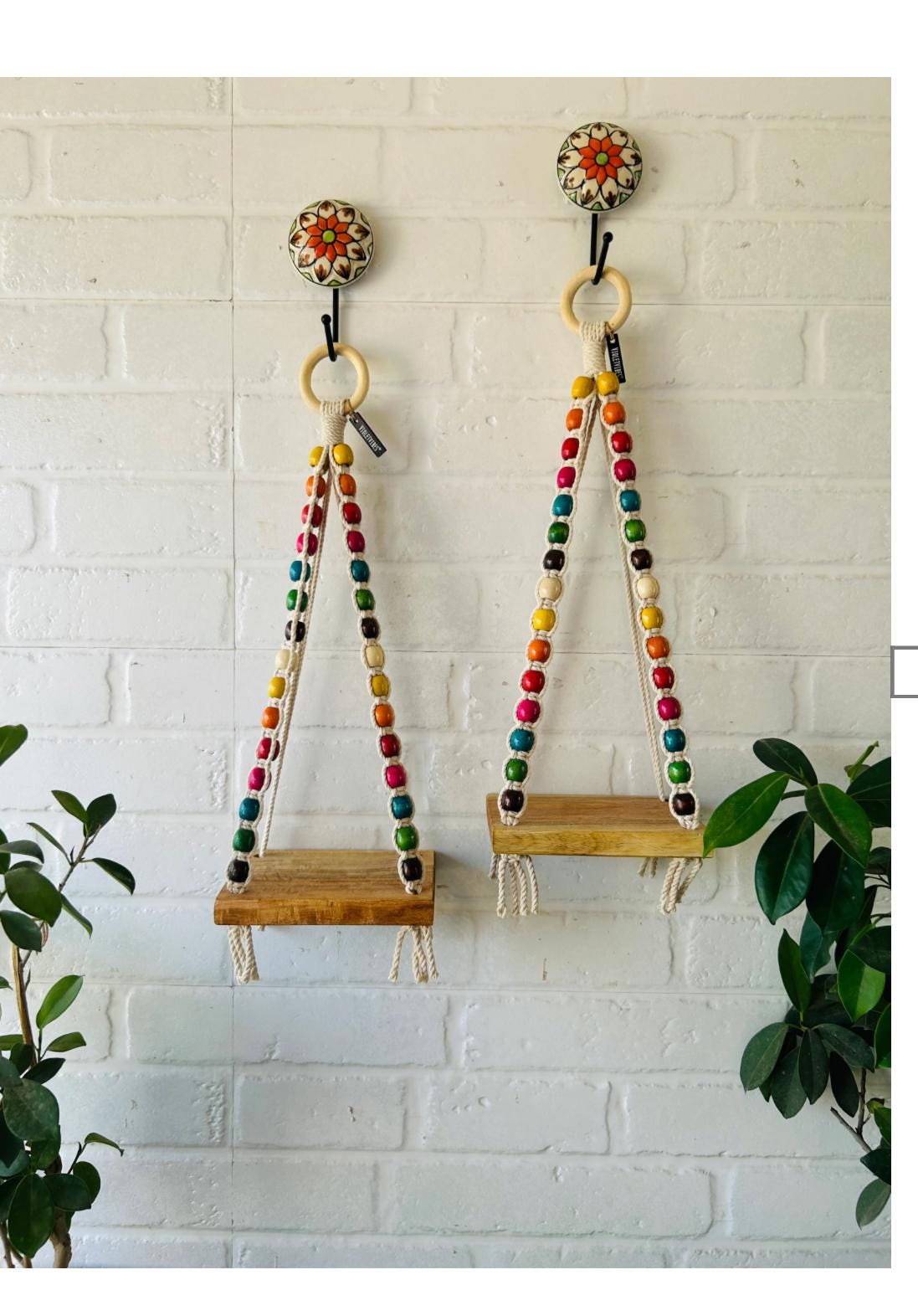 Colorful beaded mini shelves with ceramic hooks for indoor plants and wall decorations
