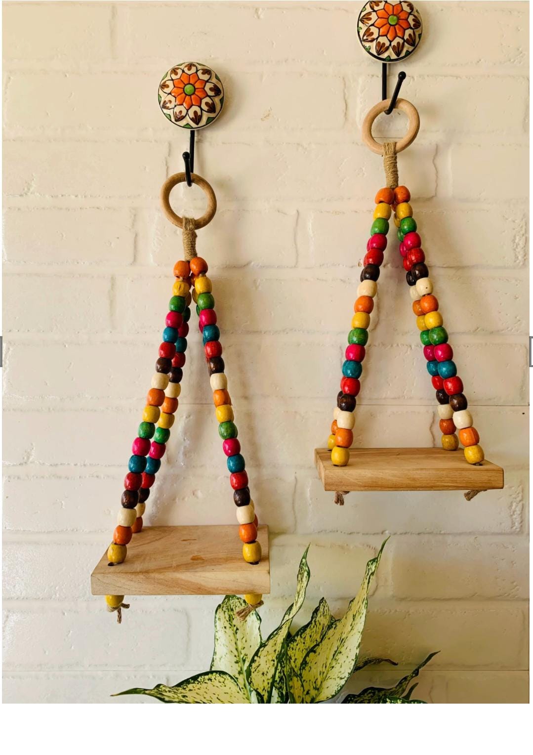 Beaded Mini Shelf with Ceramic Hooks & White Bottle - Wall Decor Secondary image